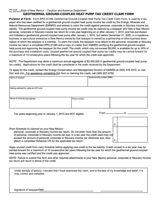 Form Rpd 41346 New Mexico Geothermal Ground Coupled Heat Pump Tax 